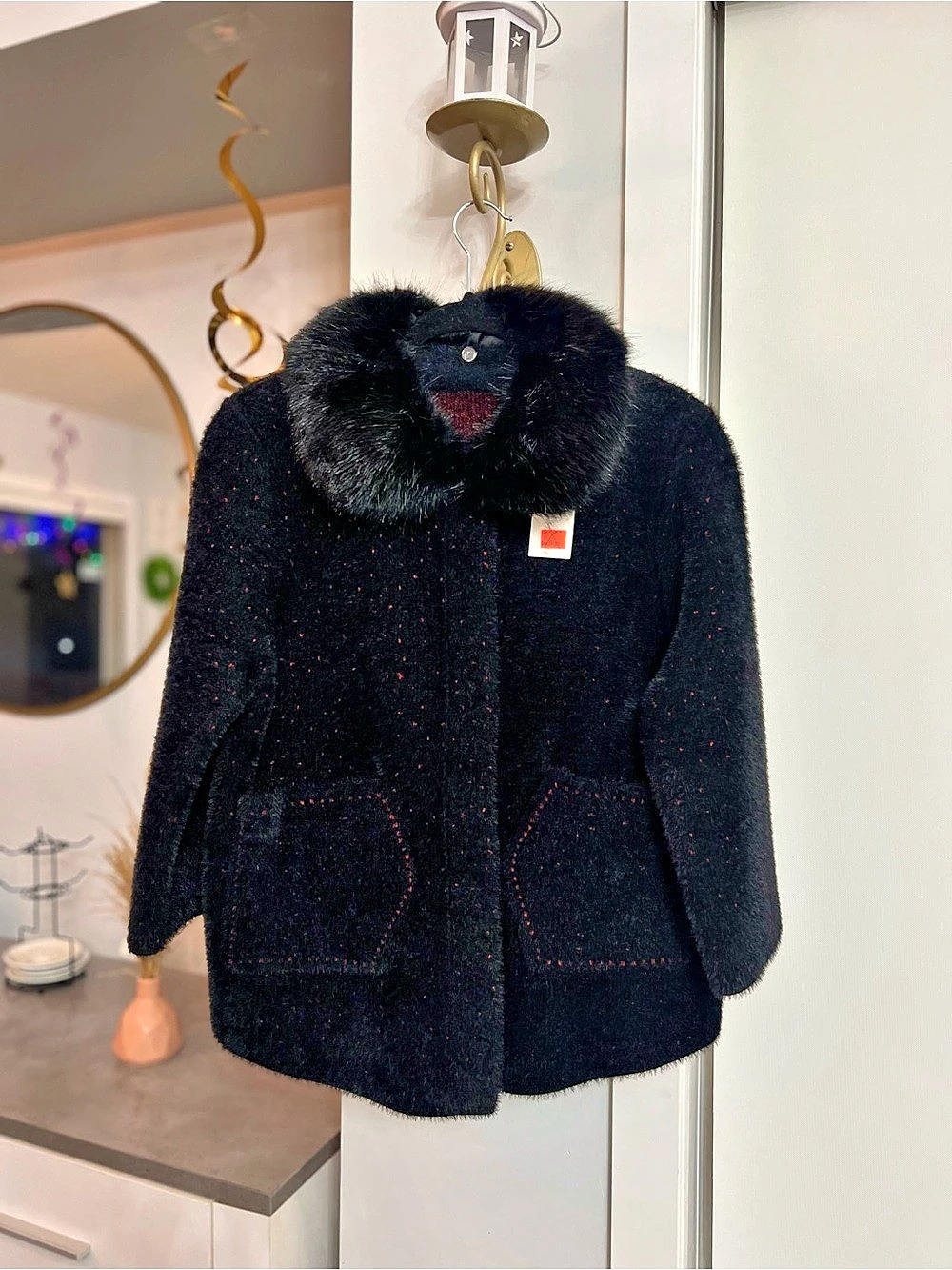Black & Red Faux Fur Collar Coat NWT